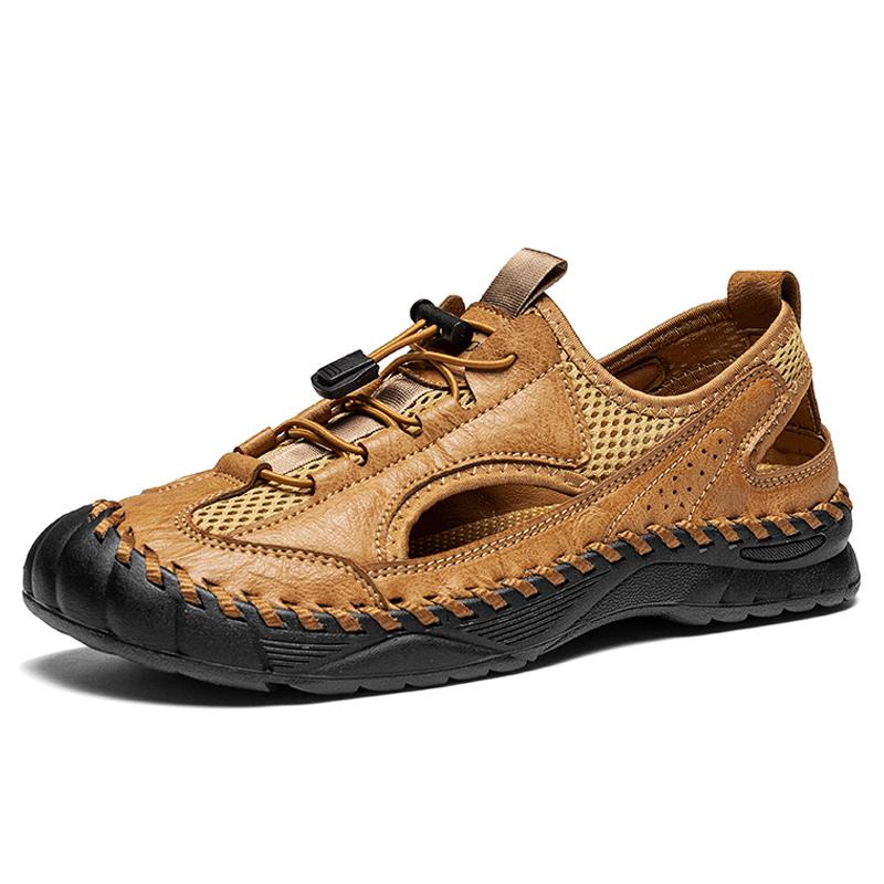 Herren-Sandalen aus Mikrofaser-Leder, handgenäht, atmungsaktives Mesh, lässig, weich