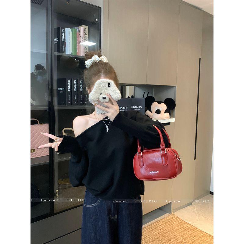 Kumikumi Design Gray Sloping Shoulder Long sleeve Knit Women clothes Autumn Temperament Retro All-Match off-Shoulder Top