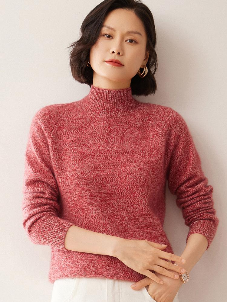 Women's Cashmere Half-High Neck Raglan Sweater - Autumn/Winter Style, 7-Gauge Fancy Yarn, Loose Knit Pullover.