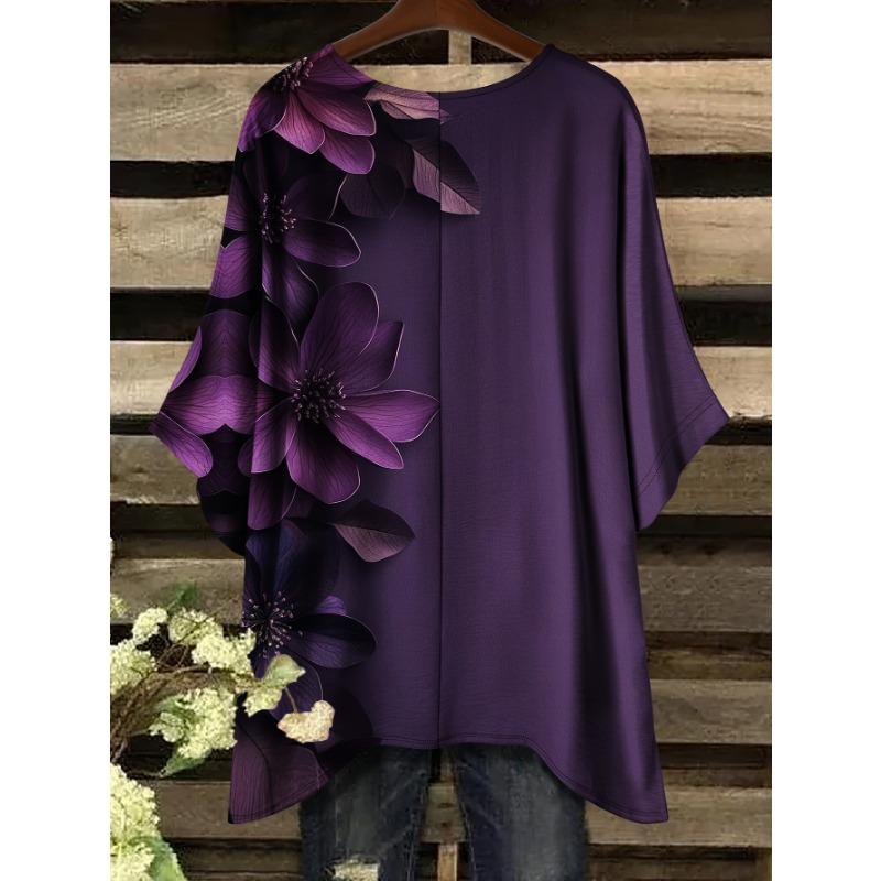 Übergröße, Damen Plus Size Lässiges Kurzarm-T-Shirt - Lila Blumenmuster, Dehnbares Polyester, Rundhalsausschnitt, Maschinenwaschbar, Ganzjahreskomfort