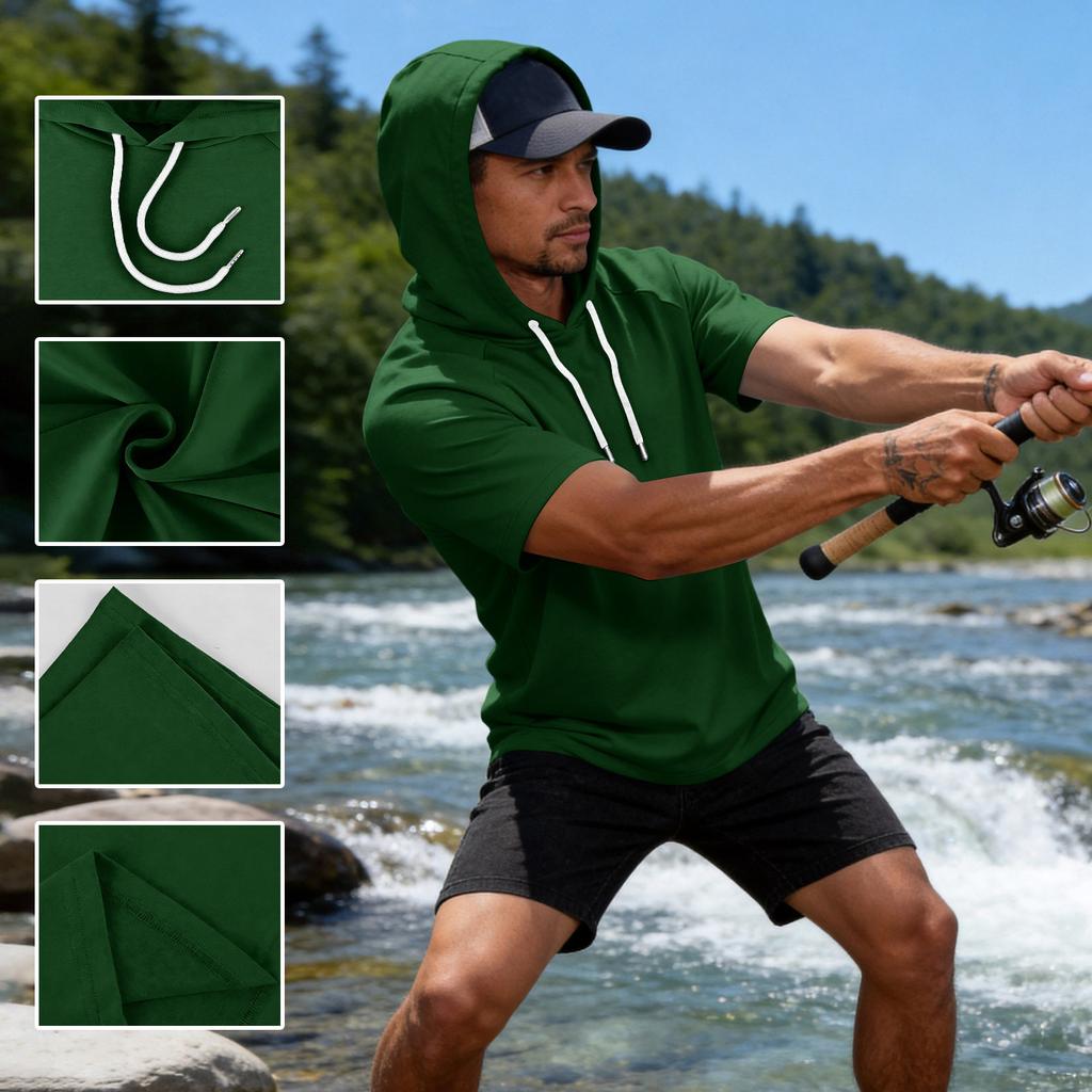 Men Short Sleeve Hoodie Casual Pullover Drawstring Hooded Shirt Relaxed Fit Lightweight Top for Everyday Wear