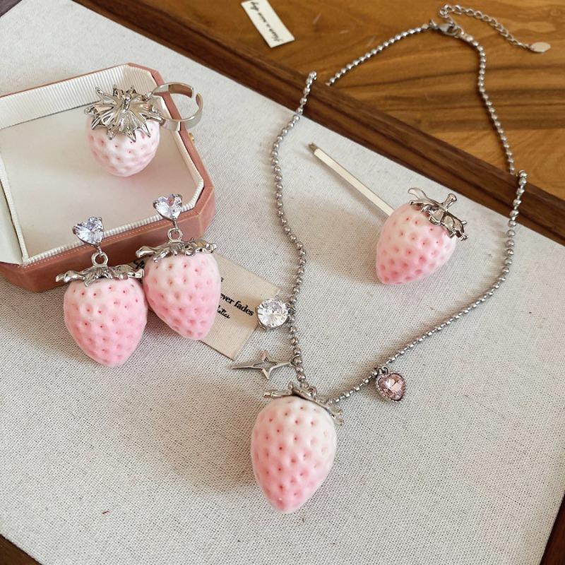 Mary Stainless steel zircon flocked strawberry earrings necklace sweetniche styleelegance jewelry suit