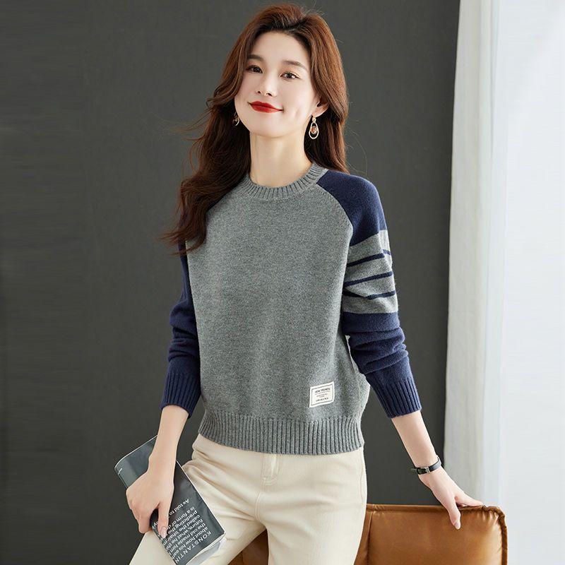 

Круглый вырез горловины, цветной блок, короткий вязаный свитер, модный базовый свитер, новый топ на осень и зиму 3XL серый