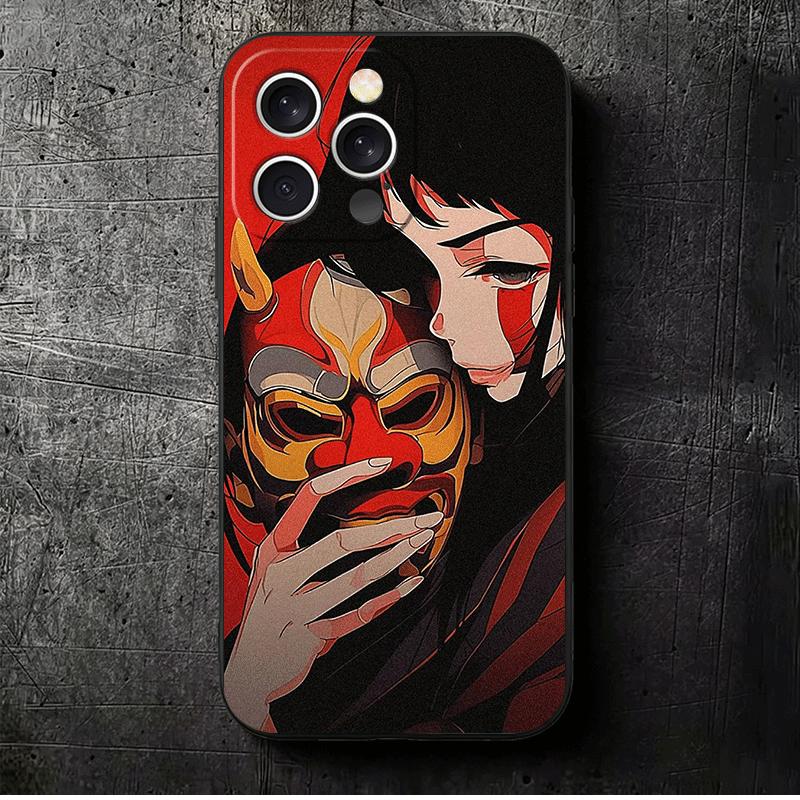 Japanese Oni Mask Girl Soft Phone Case for iPhone 16 16E 17 Air 15 Pro Max 14 Plus 13 Mini 11 12 7 Black Cover Back Shell