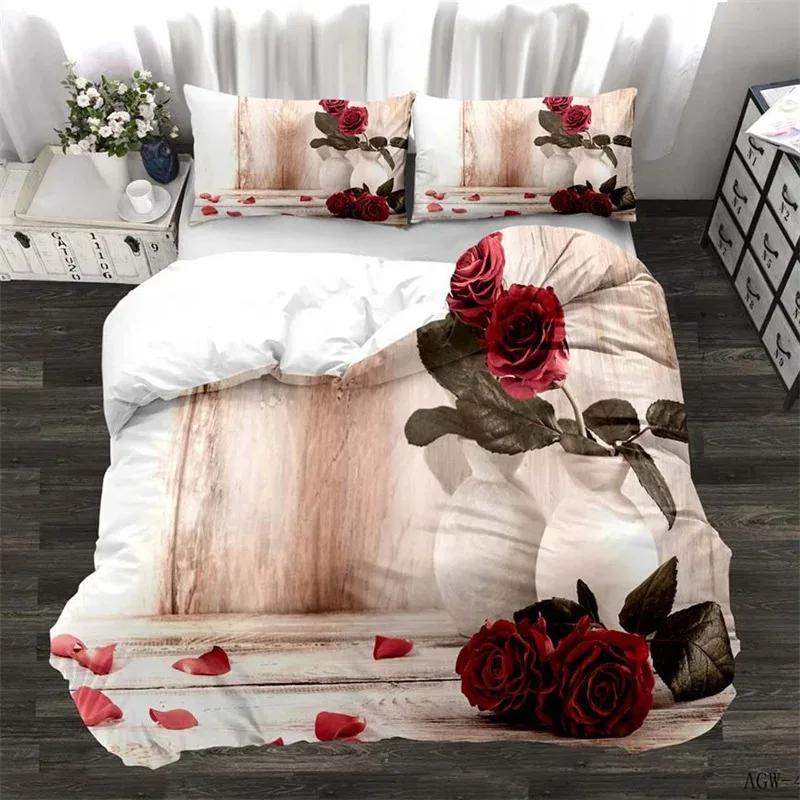 Rose Floral Duvet Cover Twin Queen Romantic Flower Bedding Set For Girls Women Valentine'S Day Gift Microfiber Comforter Cover