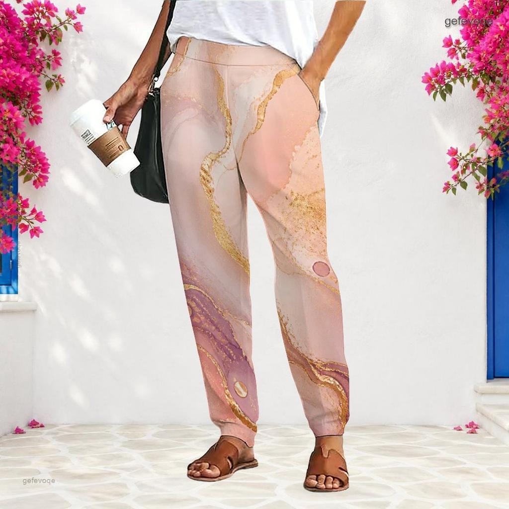 Women Plus Size Loose Straight Leg Long Pants Blue Gold Marble Printed With Pockets