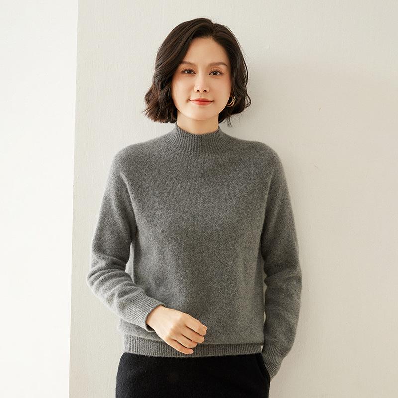 Women's Cashmere Raglan Sleeve Slim Fit Sweater - Half High Neck, Thickened, Solid Color, Versatile Knitted Top.