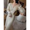 Autumn and winter new gentle with coat sweater with bottom V-neck medium and long knitted dress women