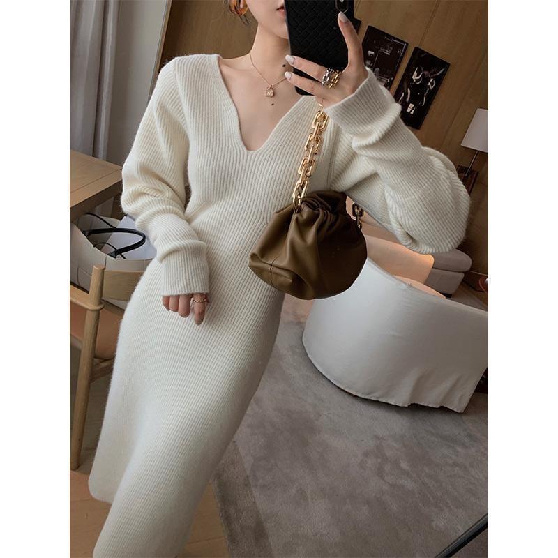 Autumn and winter new gentle with coat sweater with bottom V-neck medium and long knitted dress women