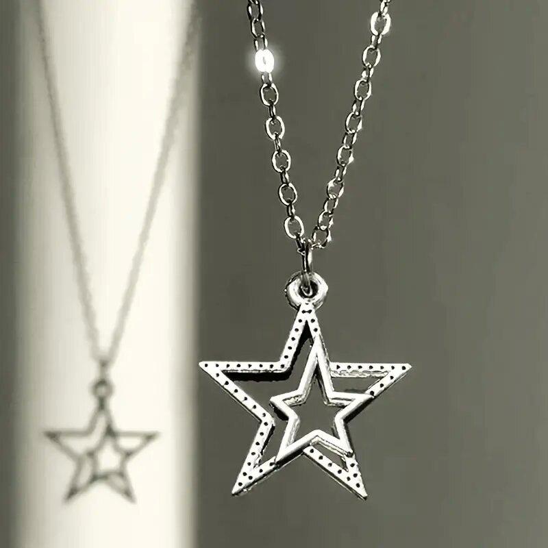 Double Hollow Star Pendant Necklace for Women, Minimalist Silver Tone Star Jewelry, Dainty Everyday Necklace