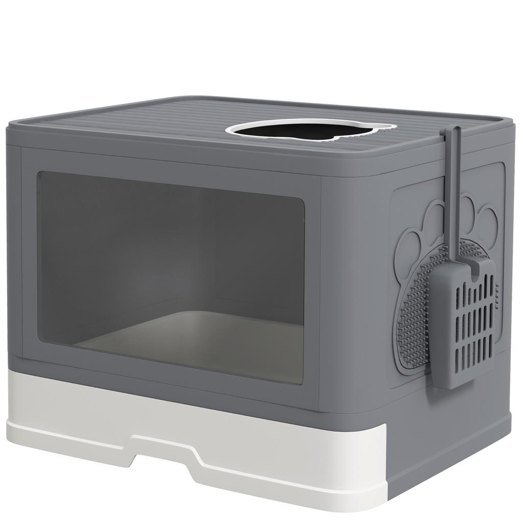 Enclosed Cat Litter Box with Lid, Front Entry, Top Exit, Drawer, Tray, Scoop, Brush, 48.5 X 38 X 36.5cm - Grey