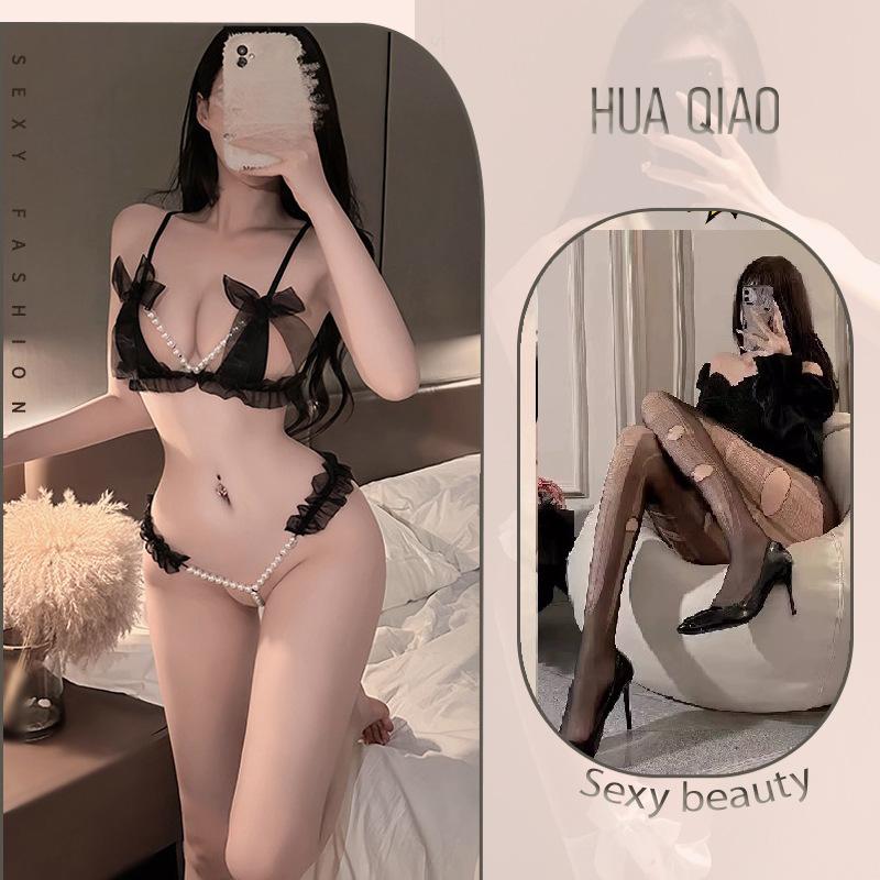 Sexy lingerie sexy lace three-point small chest shows big pearl seduction thong no-take suit female tease