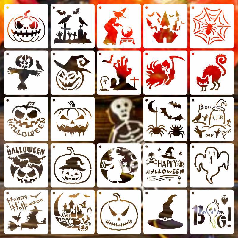 20 Pcs Halloween Stencils Set Reusable Plastic Drawing Spraying Templates for Greeting Cards for Halloween Crafts DIY Decoration