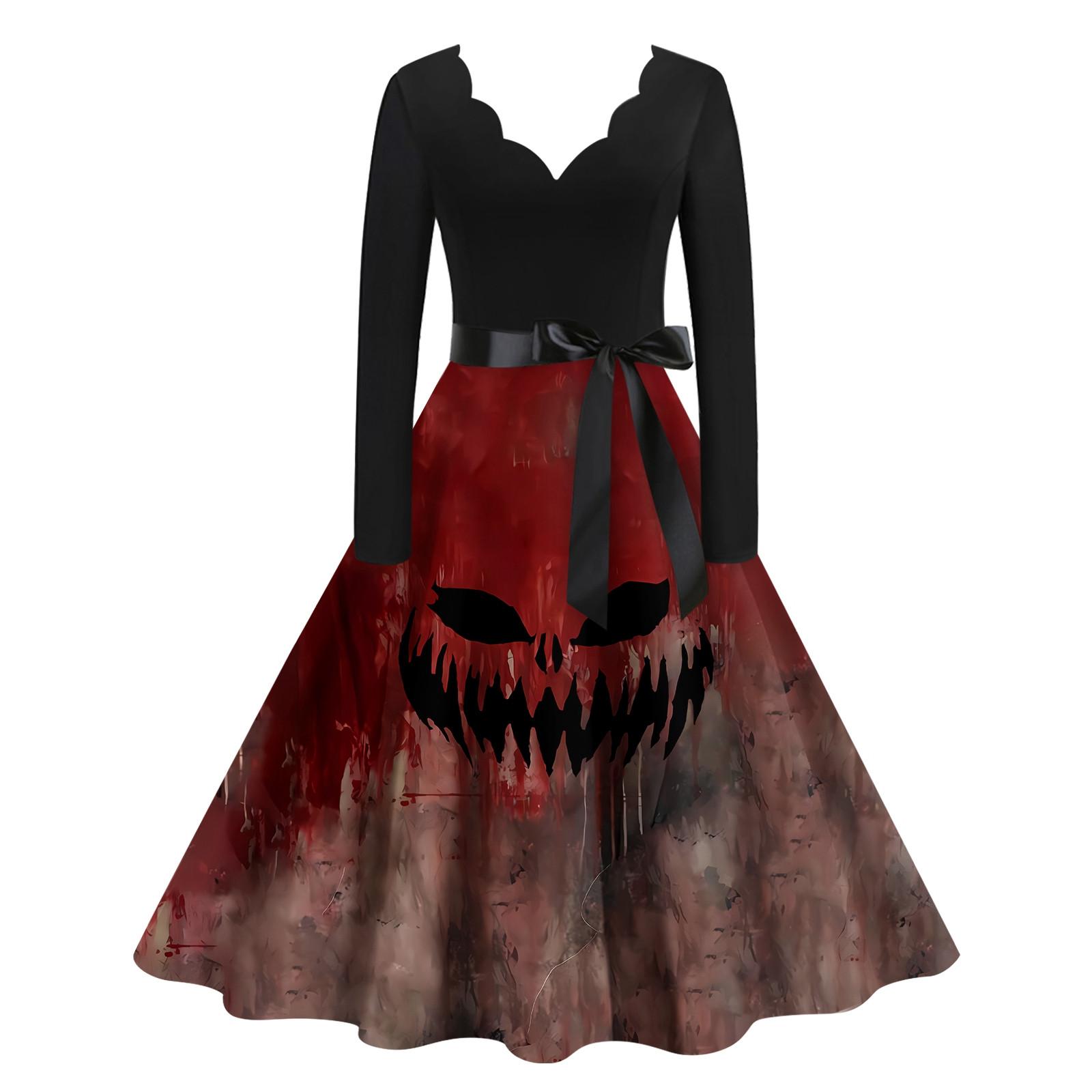 Хэллоуин Женское Повседневное Модное Платье с V-образным Вырезом и Принтом В Винтажном — фото 4