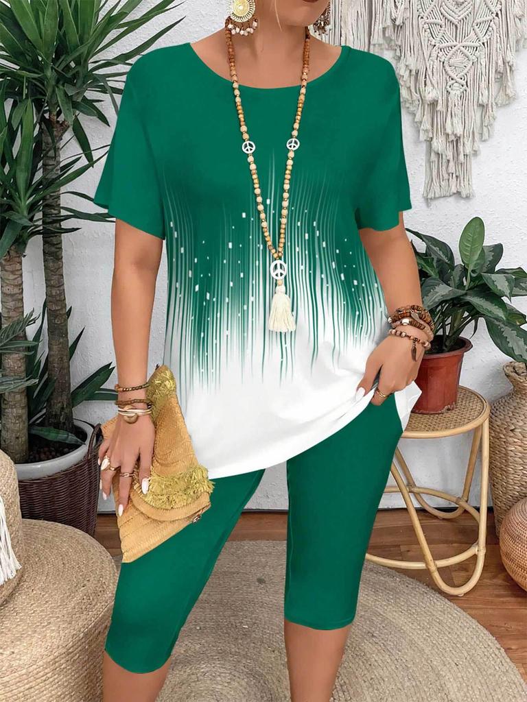 European & American Plus Size Gradient Short Sleeve Top and Mid-Length Shorts Two-Piece Set for Summer