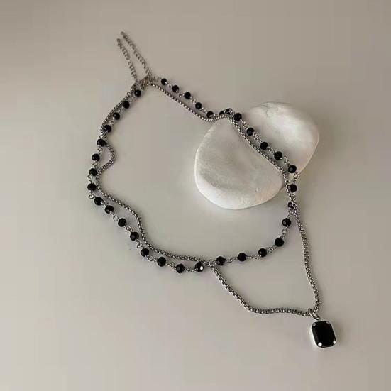 Women Necklace Stacked Double Layers Black Rhinestone Decor Exquisite Stainless Adjustable Lightweight Lady Neck Decoration Jewelry