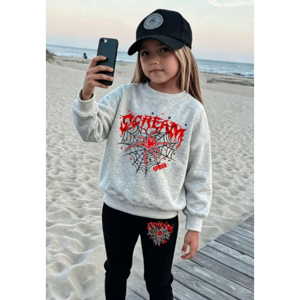Girls' Cool Spider Casual Comfortable Soft Loose Pullover Sweatshirt and Leggings 2-Piece Set, New Autumn/Winter, Playful, Sweet and Cool Style