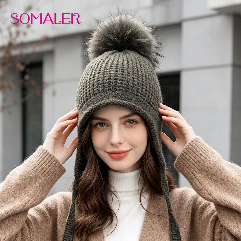 SOMALER Women‘s Winter Knitted Wool Hat with Pompom Hip Hop Style Casual Beanie