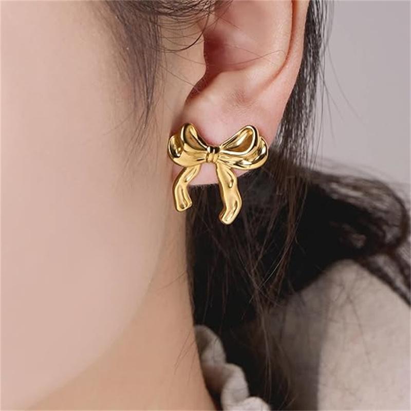 Golden Bow Statement Earrings Trendsetting  Stud Ear Accessories