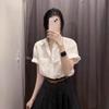 Green Cotton and Linen Front Shoulder Short-sleeved Shirt Women's Summer Thin Feel Super Good-looking Linen Shirt Polo Collar Top