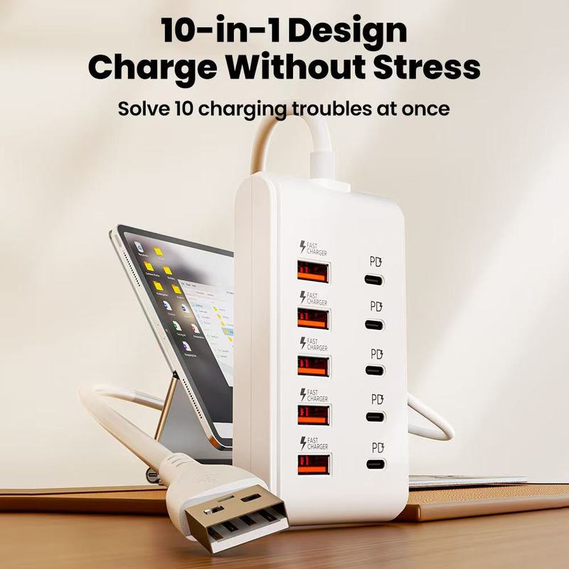 10 Ports USB Charger Fast Charging Power Strip USB Type-C Electrical Socket Adapter For Home Office Desktop Charging Station