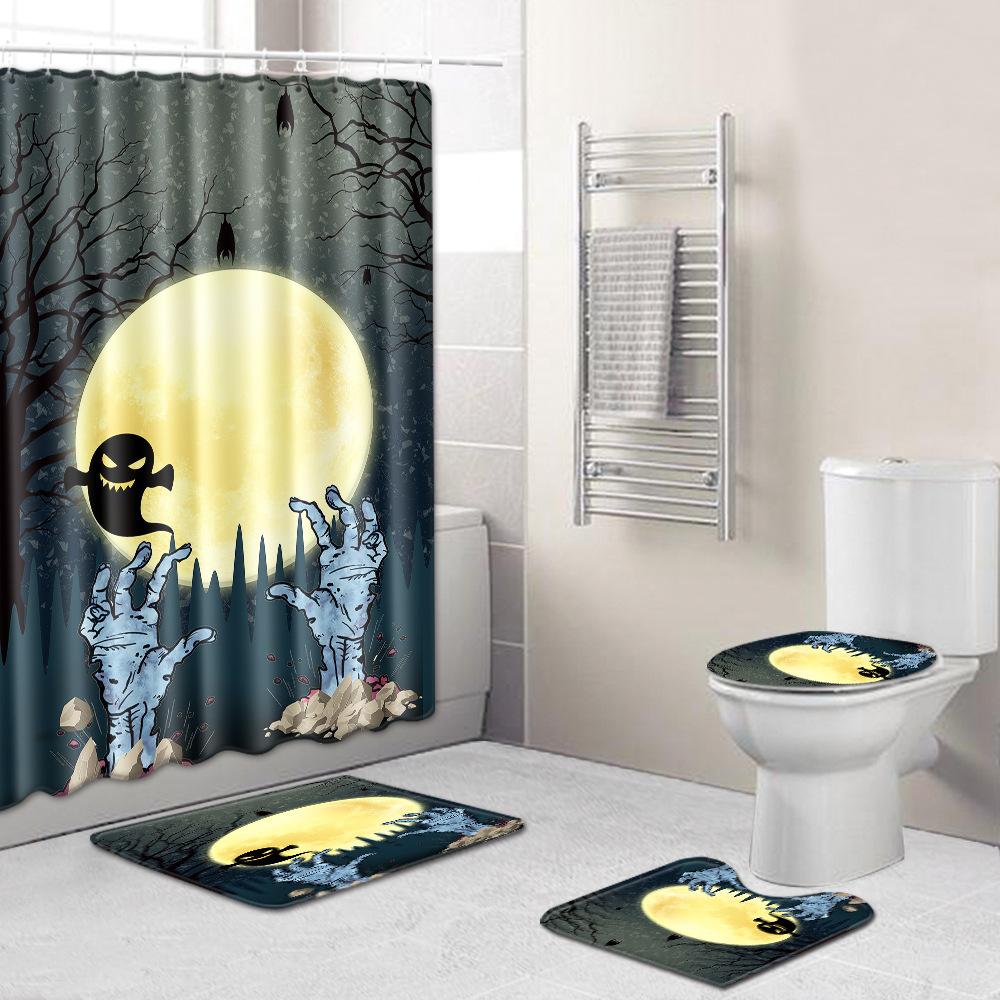 Halloween Shower Curtain Floor Mat Combination Four-Piece Set Bathroom Toilet Carpet Shower Room Foot Mat