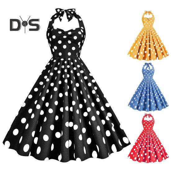 Women Vintage Dress 50s Retro A-line Big Swing Sleeveless Dot Print Contrast Color Elastic Bust Halter Neck High Tight Waist Backless Knee Length