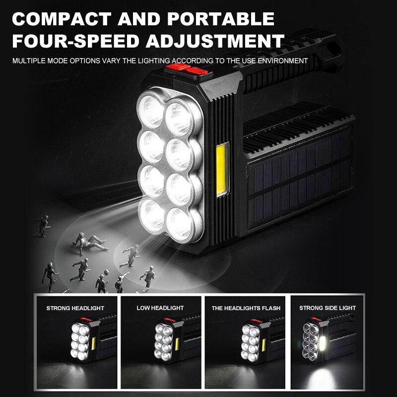 Bulbs Solar 8LED Charging Handheld Flashlight USB Charge Portable Lamp 4 Bright Lighting Modes Outdoor Camping Searchlight
