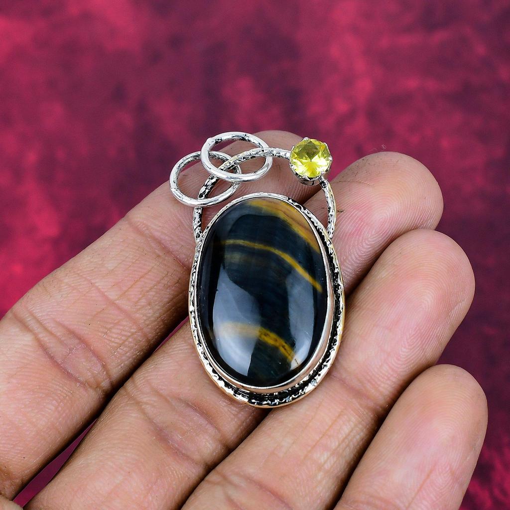 Blue Tiger Eye &  Citrine Pendant, 925 Sterling Silver Pendant Jewelry. Gift For Women Handmade Pendant Gemstone Jewelry