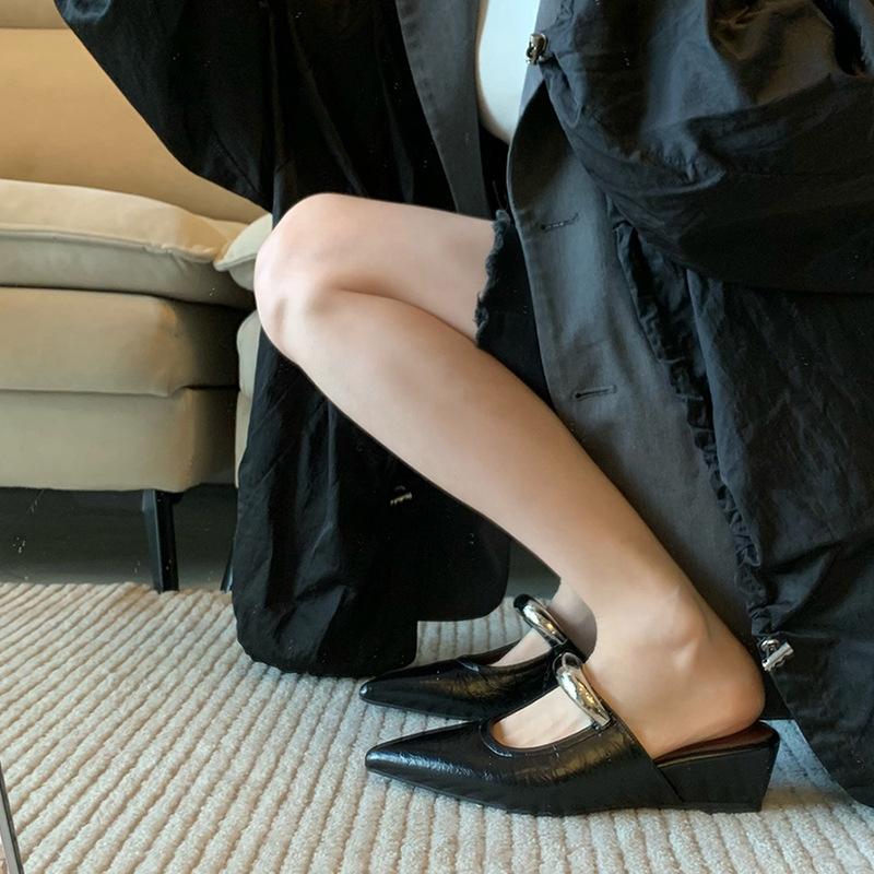 Sheepskin version! Baotou half slippers women's summer wear temperament niche pointed metal word with wedge heel Muller shoes