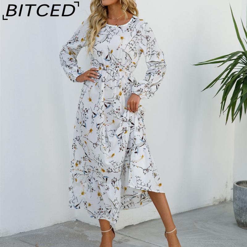 BITCED Spring Summer Bohemian Women Maxi Dress Casual Long Sleeve High Waist Beach Dress Women Floral Chiffon Dresses Vestidoes Mujer New