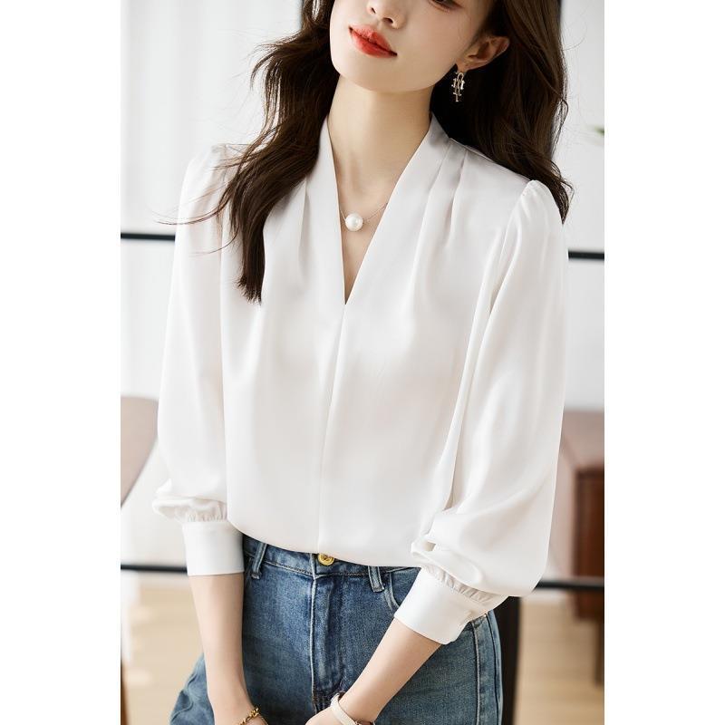 Design Sense Simple Shirt Women's Spring and Autumn Temperament Collar Sense Light Ripe Chiffon Shirt Top French Gentle