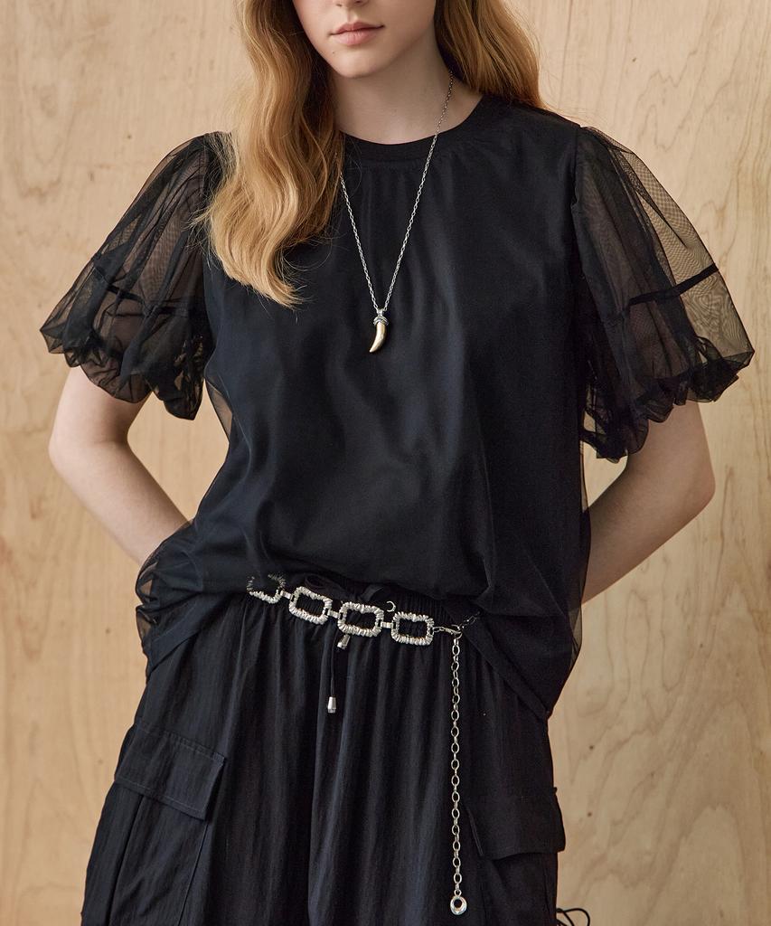 MAXZA Mesh Layered Balloon Sleeve Blouse T-Shirt