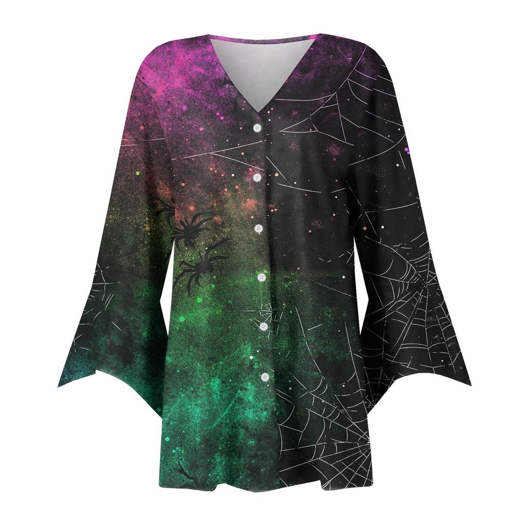 Damen Locker Lässig Bedruckt Siebenärmel Knopfleiste Hemd Strickjacke Top