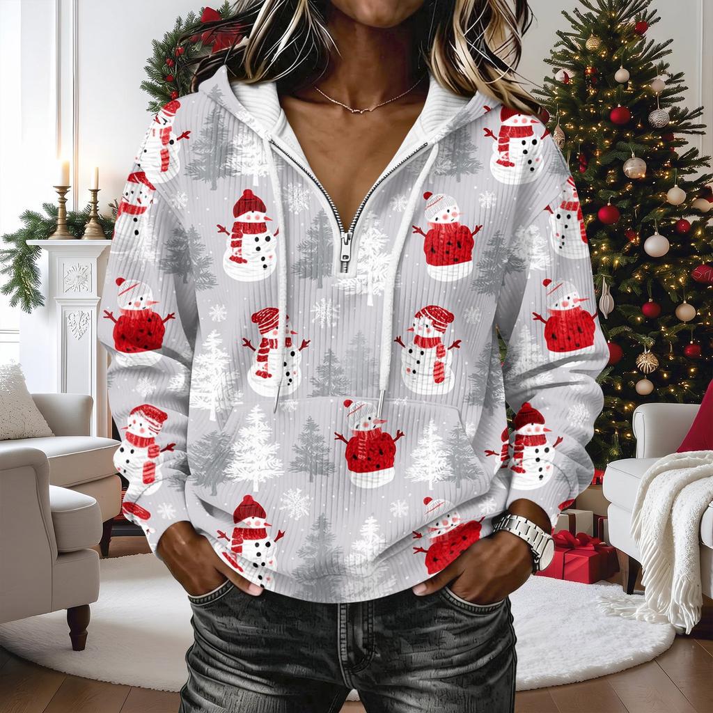 Women's Christmas Print Long Sleeve Hooded Pullover Sweatshirt