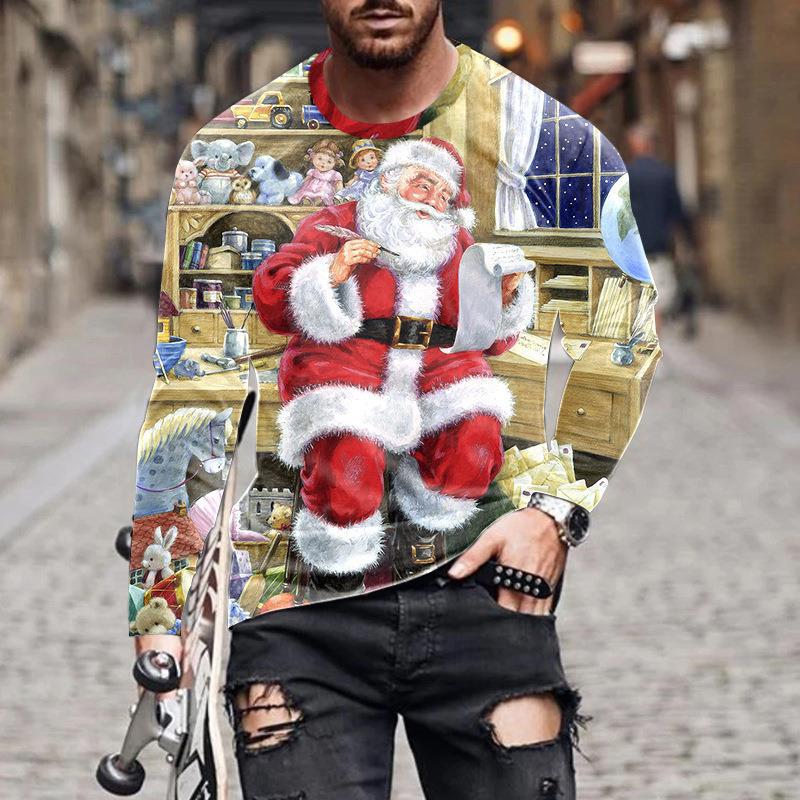 

Красные мужские футболки с 3D рисунком, мужская рождественская футболка с мультяшным принтом, повседневные милые повседневные футболки с длинными рукавами больших размеров, мягкие удобные осенние топы