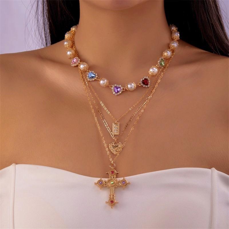 Gothic Cross Choker Necklace For Women With Geometric Pendant And Gold Finish