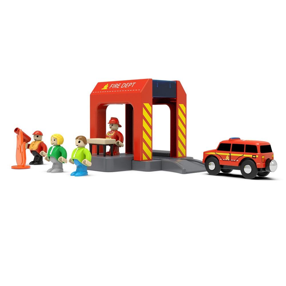 Wooden Train Track Accessories Plastic Fire Department Police Station Scene Wooden Track Parts Compatible with All Brands Track