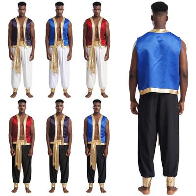 Mens Roleplay Prince Costume Metallic Shiny Trim Design Open Front Vest and Pants Arabian Theme Party Outfit
