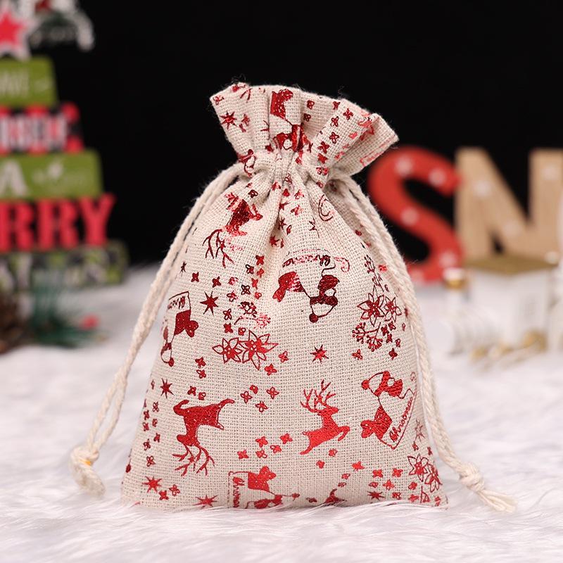 Christmas Gold Foil Cotton Linen Drawstring Gift Bag for Candy