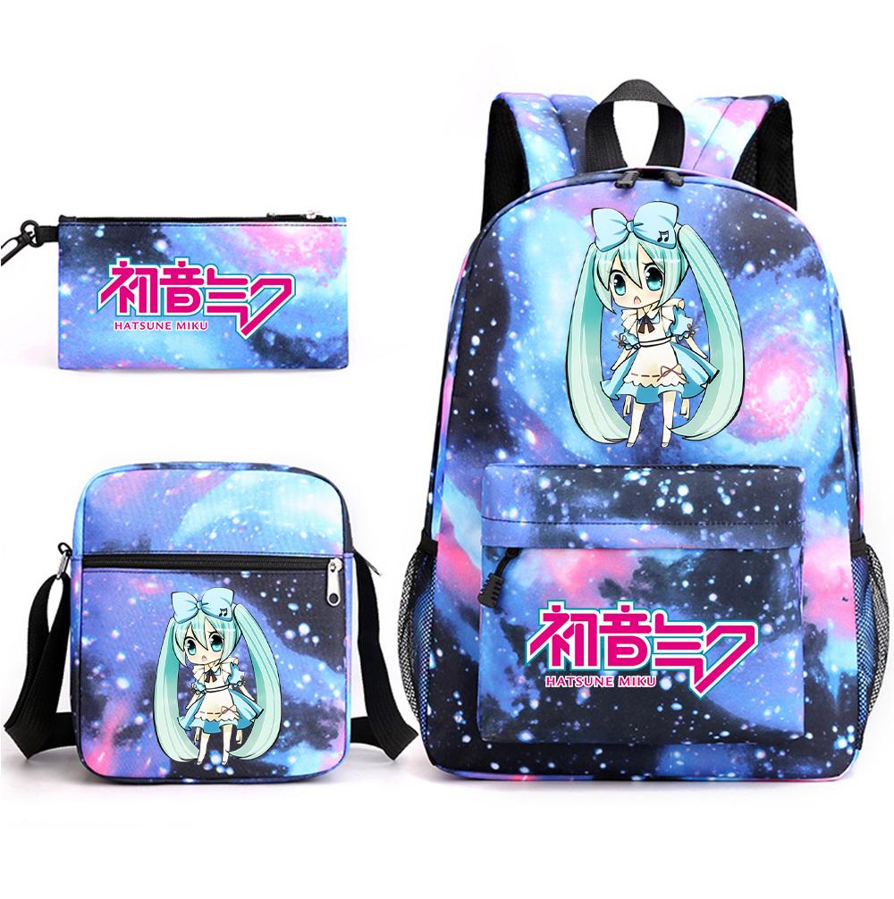 3Pcs/set Anime Cartoon Hatsune Miku Printed Backpack with Shoulder Bag Pencil Case for Teenager Student Boy Girl Large Capacity Waterproof Schoolbag