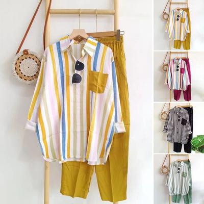 Set de 2 pantaloni de cămașă pentru femei, care se potrivește cu culoarea, cu buzunar la piept, cu imprimeu, cu mâneci lungi, cu un singur piept, bluză cu rever, talie elastică, set de pantaloni largi