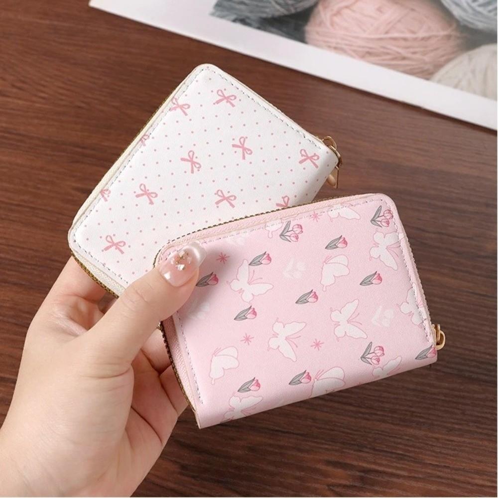 Portable Multi Slot Zipper Wallet Floral Bow Large Capacity Card Holder PU Leather Coin Purse Women