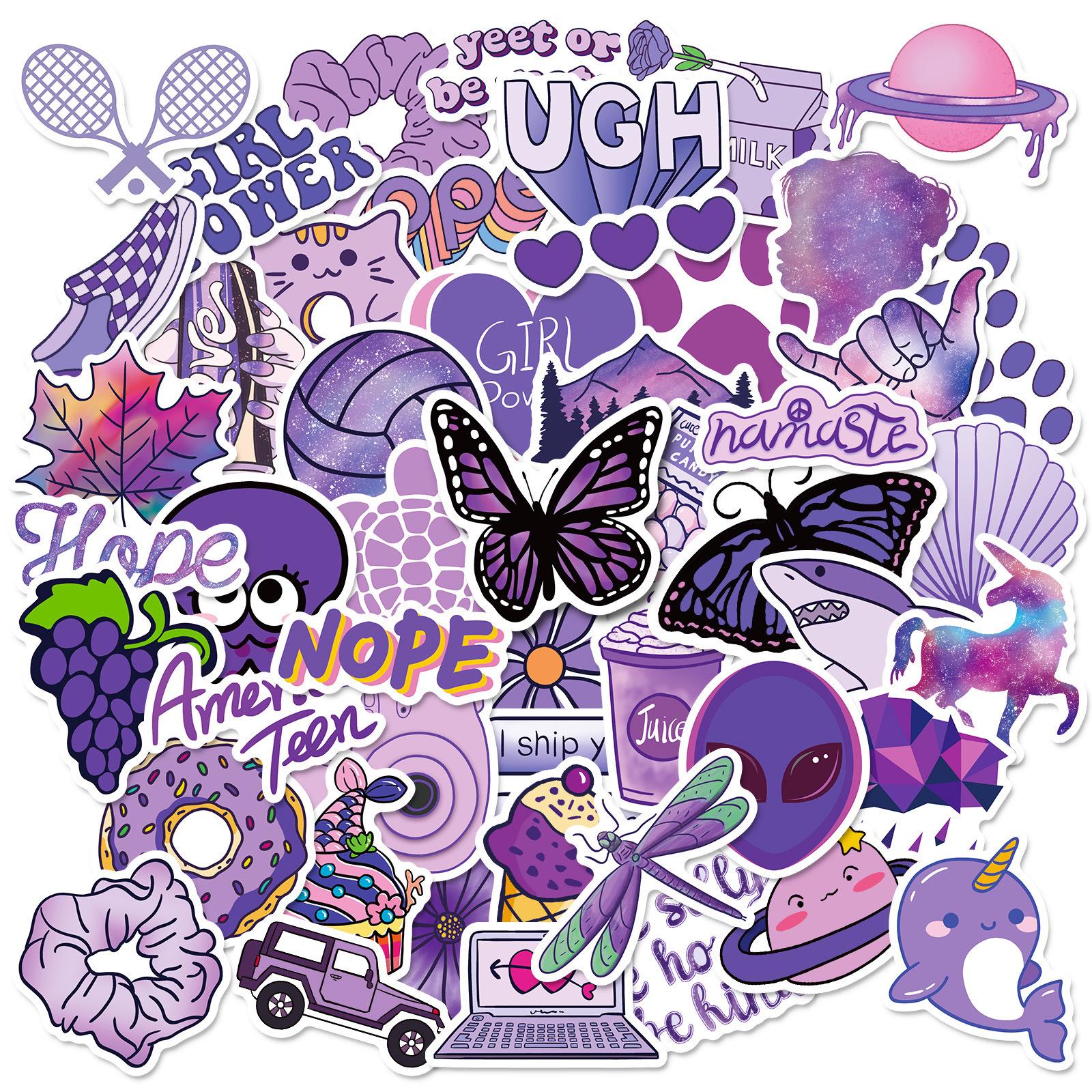 

50 Purple Mix And Match Stickers Shein Purple Small Fresh Cartoon Temu Stickers