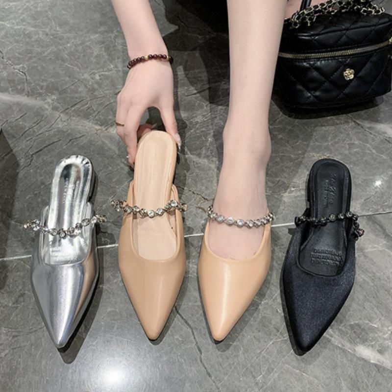 Summer French-style Thong Sandals with Chain Pointed Toe Mules, Half-slip Square Heels, Casual High-heeled Sandals