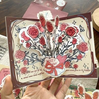 Creative 3D Greeting Card Pop Up Love with Envelope Valentine's Day Card Rose Thank You Cards Valentine's Day