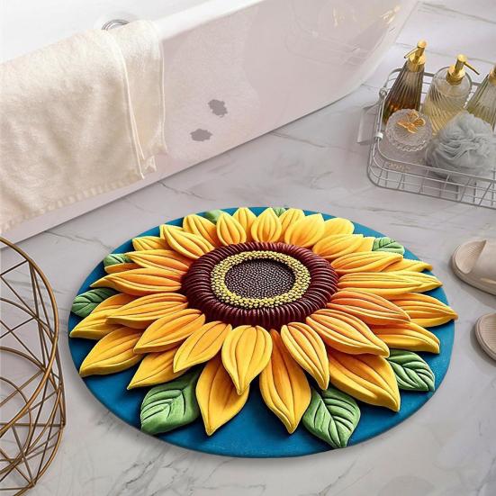 3D Sunflower Floral Plush Rug Non-Slip Backing Easy to Clean Various Sizes Living Room