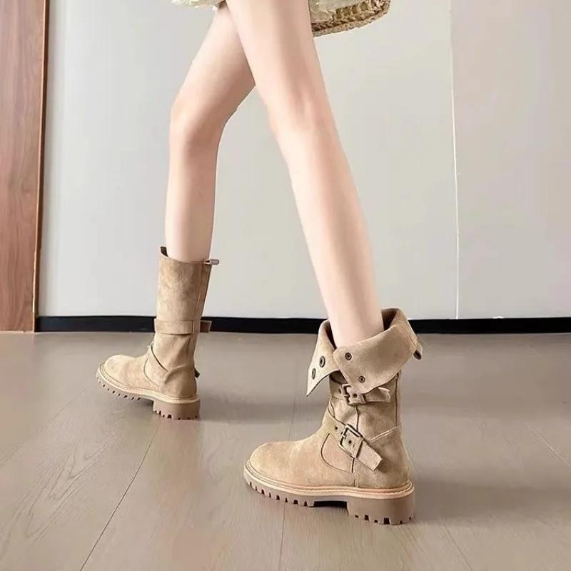 Fashion Retro Platform Western Cowboy Boots for Women Buckle Designer Autumn Winter Women's Shoes Cow Suede Fashion Casual Boots Female