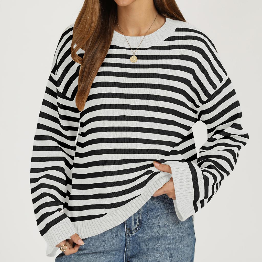 Women's Casual Striped Round Neck Long Sleeve Pullover Sweater for Everyday Wear