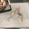 Fashion 2025 Women's Summer New High-heeled Thin-heeled Rhinestone Pearl Lace Bag Head Pointed Sandals
